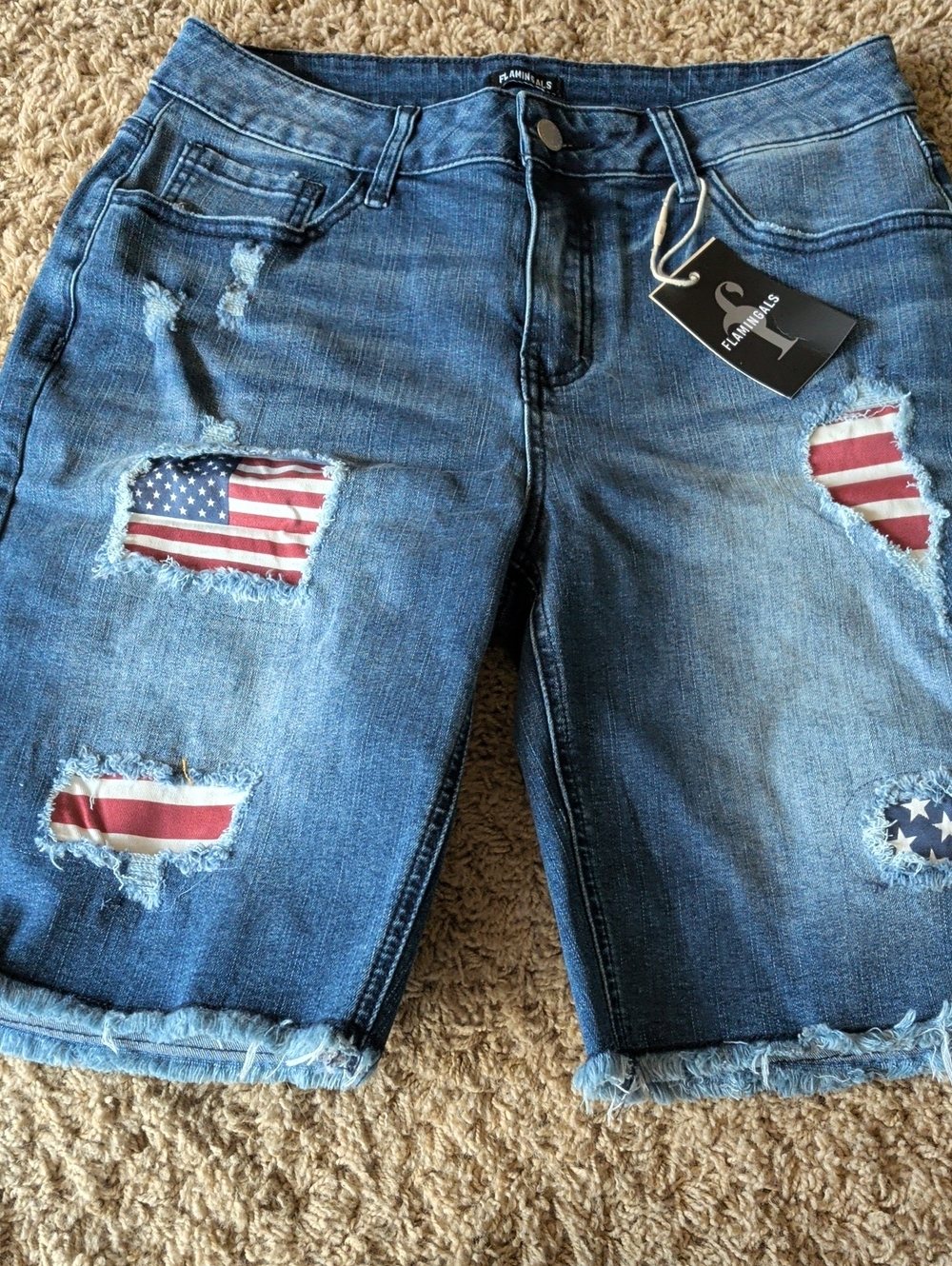 NWT Flamingals USA-Flag Patch Distressed Denim Woman's Shorts Size Large